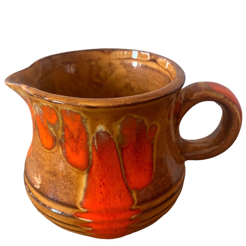 Bar Harbor Pottery 3.25” Creamer Pitcher Maine Vintage Retro Brown Orange Drip